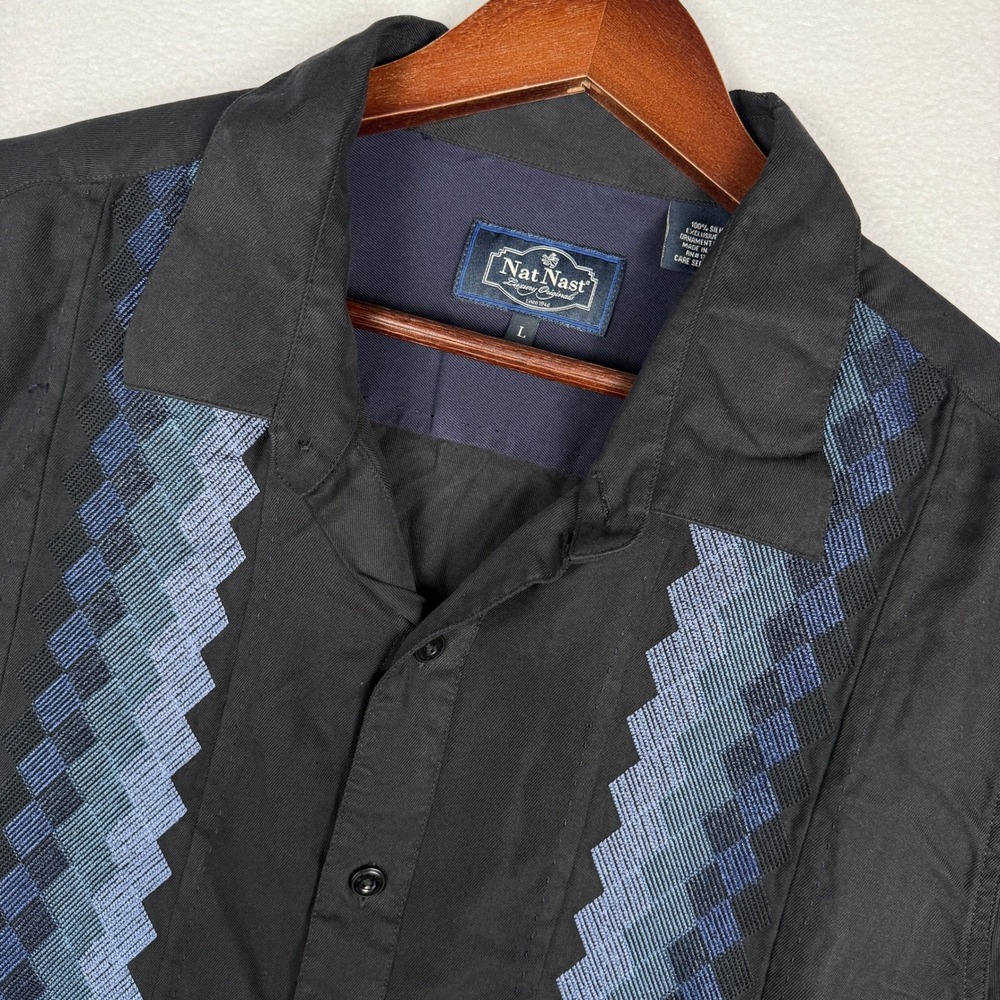 Nat Nast 100% Silk Button Up Shirt Mens L Black Embroidered Short Sleeve Retro